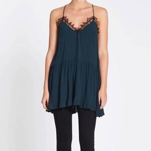 IRO Enes Dress Industrial Blue Black Lace Trim Women's V Neck Racerback 36